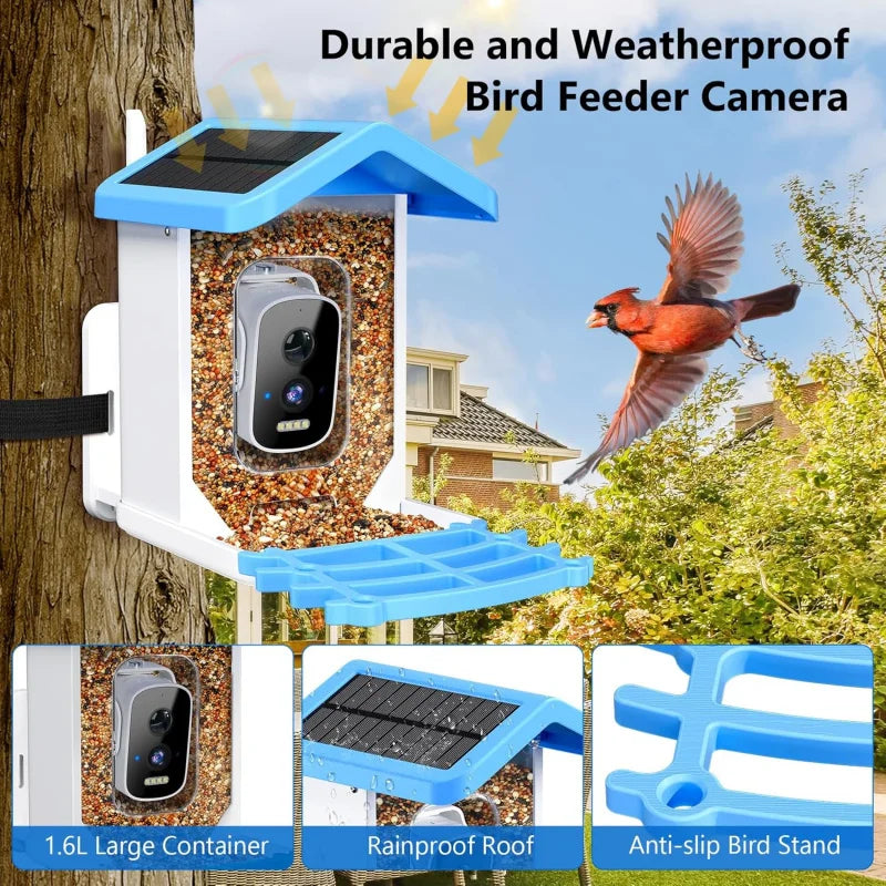 Mangiatoia per uccelli intelligente con fotocamera AI Specie per uccelli Identifica la telecamera per uccelli WiFi HD da 5 MP esterna wireless alimentata ad energia solare per il giardino esterno